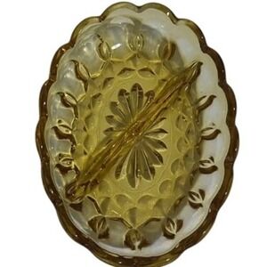 Vintage Anchor Hocking‎ Fairfield Oval Amber Glass Divided Relish Candy Nut Dish